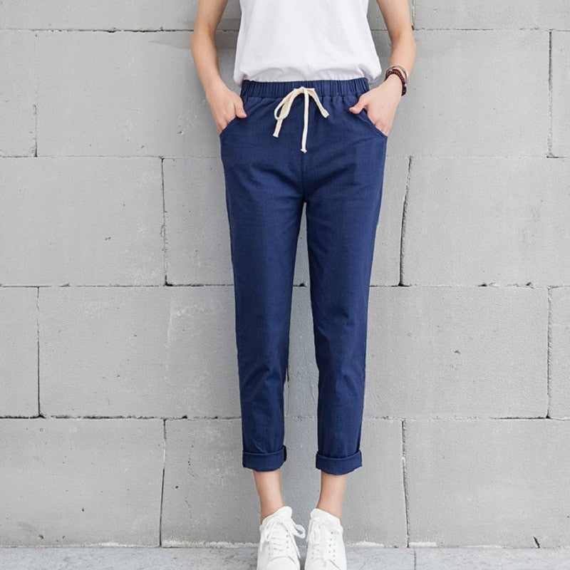 2019 Chic Leisure Cotton Linen Long Pants Women Elastic Waist Pockets Loose Pants Plus Size 2XL Casual Trousers Leisure Pants