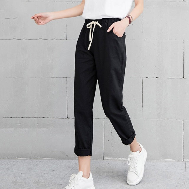 2019 Chic Leisure Cotton Linen Long Pants Women Elastic Waist Pockets Loose Pants Plus Size 2XL Casual Trousers Leisure Pants