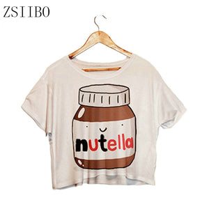 Nutella Print White Crop Tops Summer T shirts