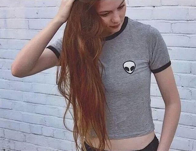 Women Loose Print Short Sleeve Tee Shirt Casual Crop Top Alien Printing T-Shirt 13 Colors