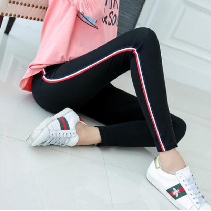 2019 pregnant women side striped cotton skinny leggings maternity high waist stretched belly trousers pencil pants Elastic