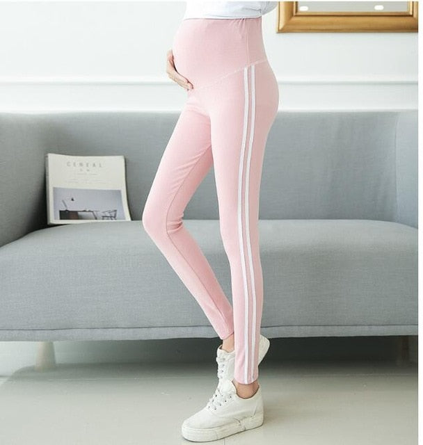 2019 pregnant women side striped cotton skinny leggings maternity high waist stretched belly trousers pencil pants Elastic