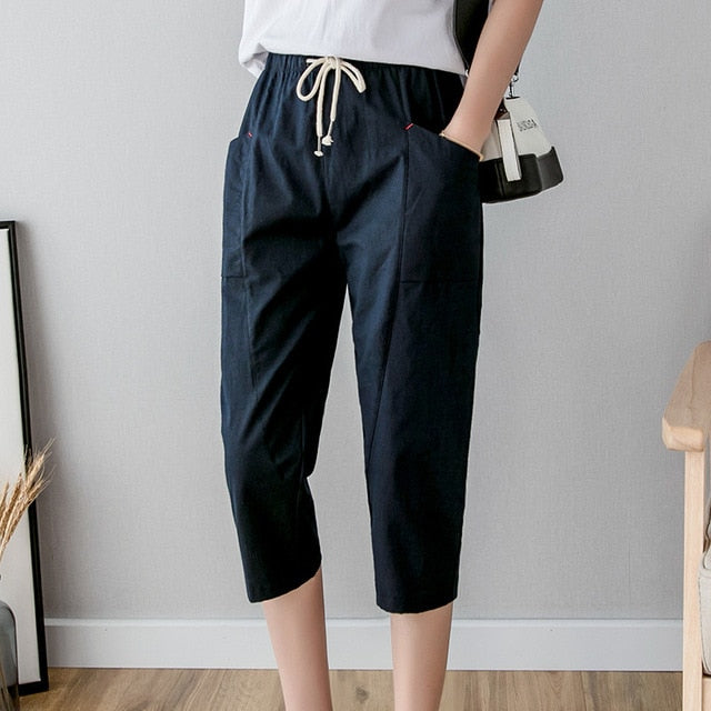 Cotton Linen Calf-Length Women's Pants New Summer High Waist Casual Pants Women Bandwidth Pocket Loose Leisure Pants Wholesale