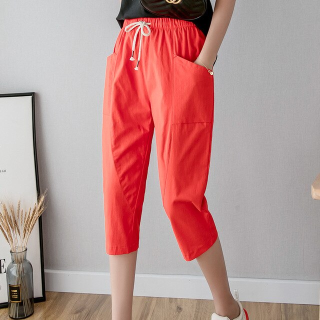 Cotton Linen Calf-Length Women's Pants New Summer High Waist Casual Pants Women Bandwidth Pocket Loose Leisure Pants Wholesale