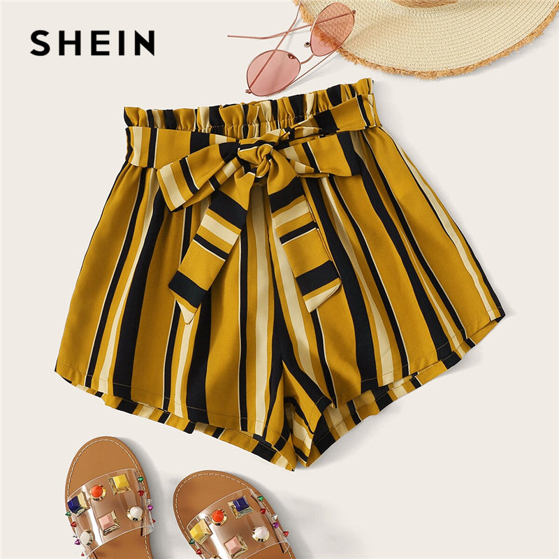 SHEIN Paperbag Waist Self Belted Striped Shorts 2019