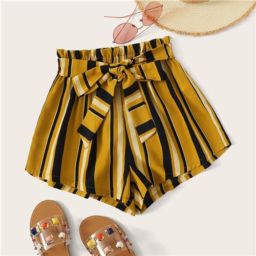 SHEIN Paperbag Waist Self Belted Striped Shorts 2019