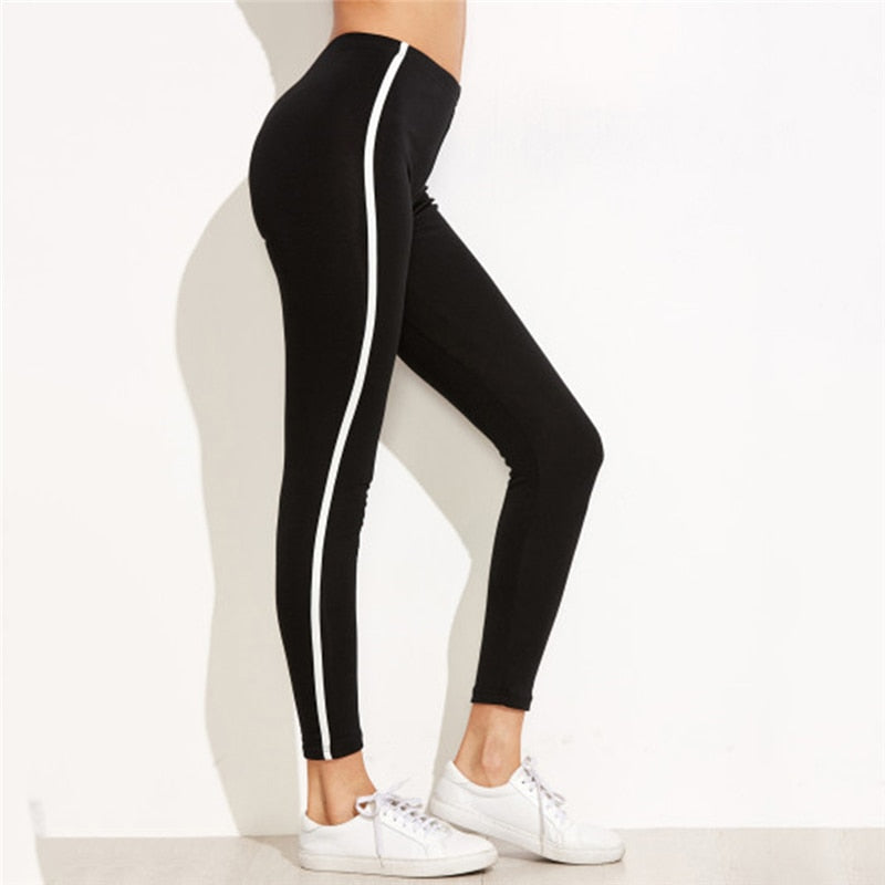 2019 New Gothic White stripe Side Leggings Women Slim Fitness Leggings High Waist Elastic Workout Leggings for Gym Sport Running