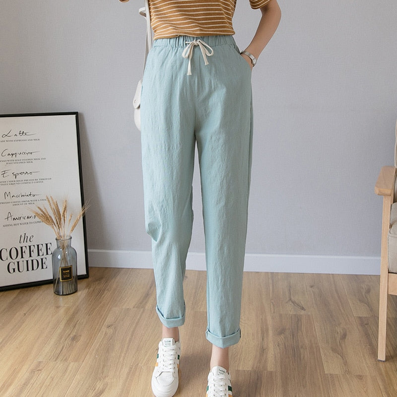 2019 Women Pant Casual Spring Autumn Plus Size Long Trousers Solid Elastic Waist Cotton Linen Pants Ankle Length Haren Pants